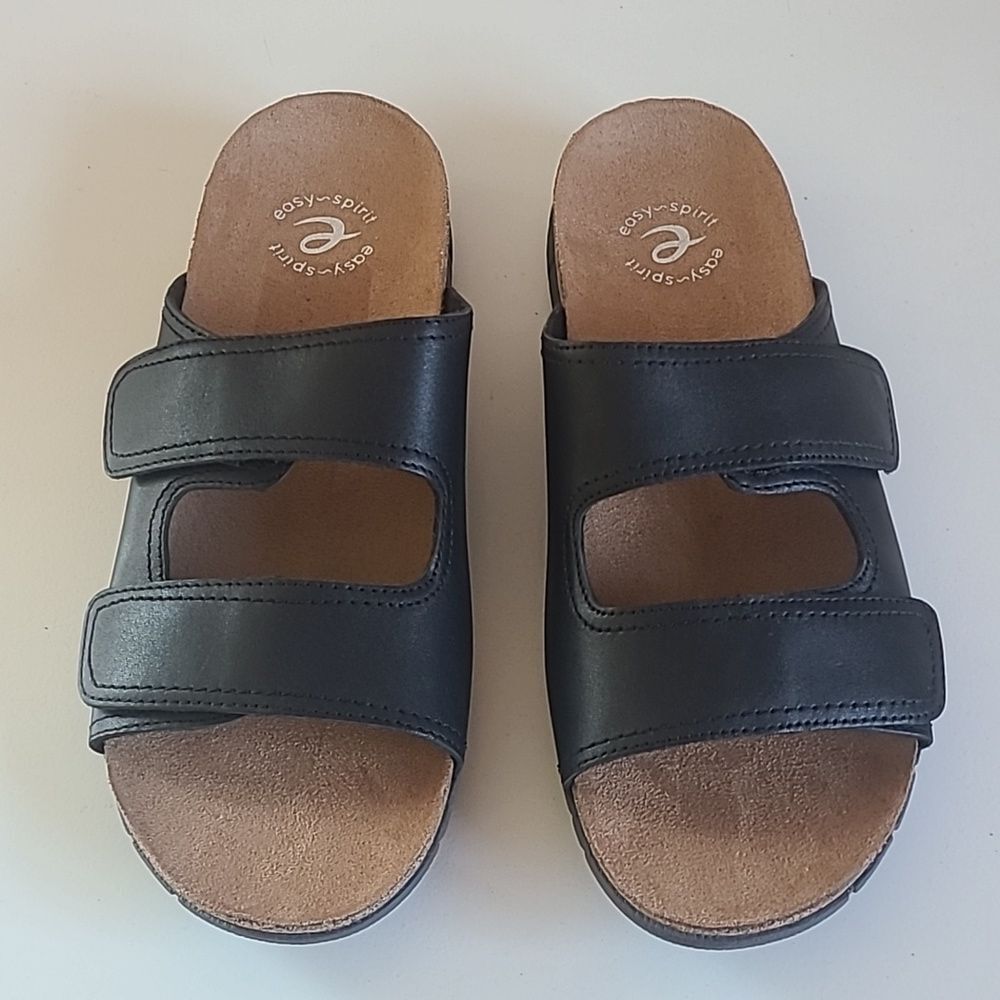 Easy Spirit Black and Tan Comfort Velcro Slide Sandals Size 8.5